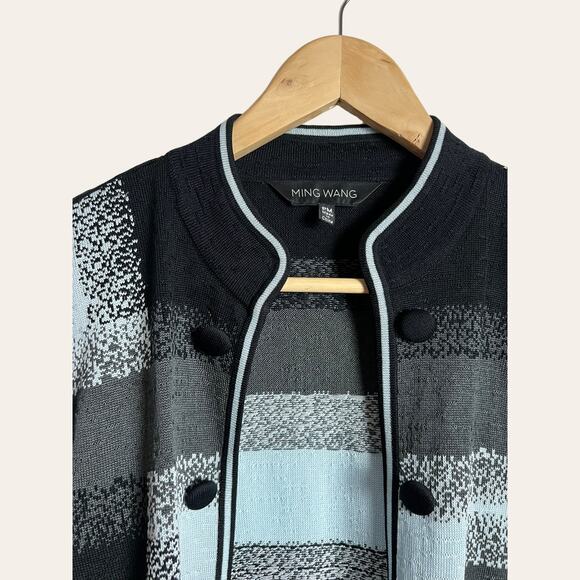 Ming Wang Black Blue Acrylic Knit Button Front Sweater Jacket Size Petite M - Picture 2 of 8